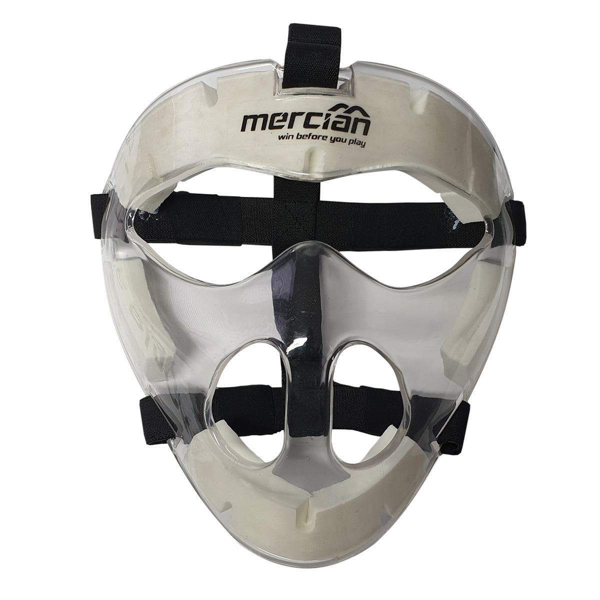 The New Genesis Face mask features a tough transparent plastic mask with a high-density foam backing and adjustable elastic straps.