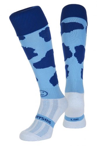 Blue Moo WackySox are bright blue knee length socks with royal blue patches similar to a cow print dotted around the leg and a royal blue turnover top. There is a royal blue Wacky face logo on the front of the ankle. WackySox are high performance sports socks made in Great Britain. They feature a Coolmax Pro footbed which is the original moisture wicking fabric, transferring sweat away from the skin and keeping you cool and dry. WackySox are ideal for rugby, football, hockey, running, netball and fitness wi