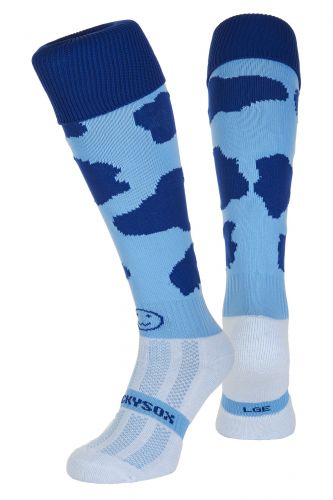 Blue Moo WackySox are bright blue knee length socks with royal blue patches similar to a cow print dotted around the leg and a royal blue turnover top. There is a royal blue Wacky face logo on the front of the ankle. WackySox are high performance sports socks made in Great Britain. They feature a Coolmax Pro footbed which is the original moisture wicking fabric, transferring sweat away from the skin and keeping you cool and dry. WackySox are ideal for rugby, football, hockey, running, netball and fitness with a fully elasticated turnover top to prevent the socks from falling down on match day. They feature an elasticated foot and ankle to prevent slippage and an external smooth toe seam to maximise comfort and help avoid blistering or toe and nail damage. WackySox can be worn with or without shin pads. The sock leg is made from 95% polyamide and 5% elastane ensuring a comfortable and soft fit.